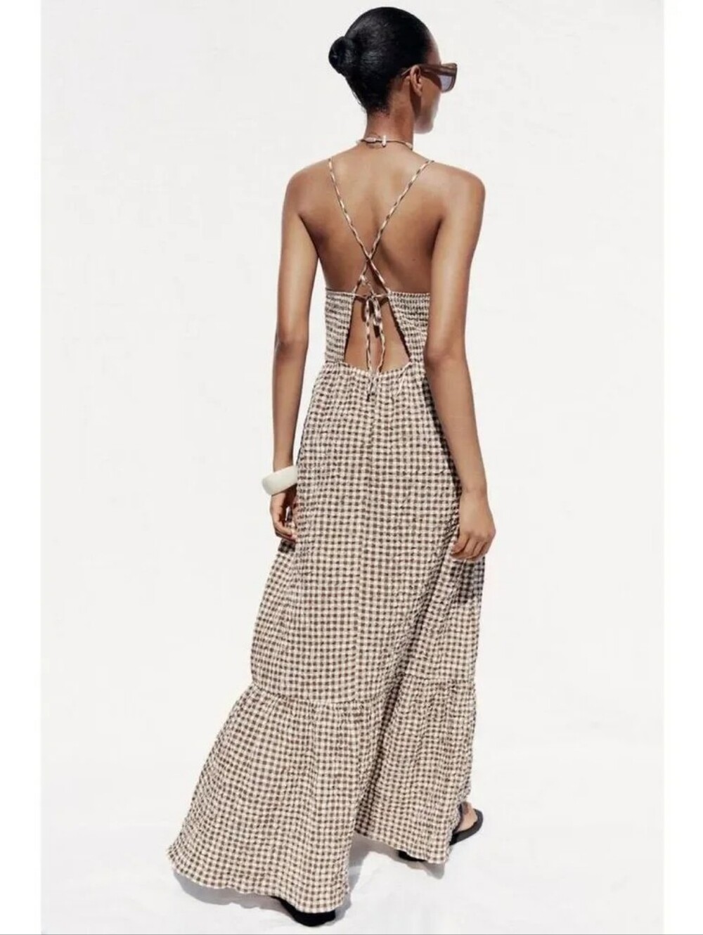 ZARA Brown Gingham Maxi Dress Women Size M Strappy Tiered Check Flowy Cotton Tie